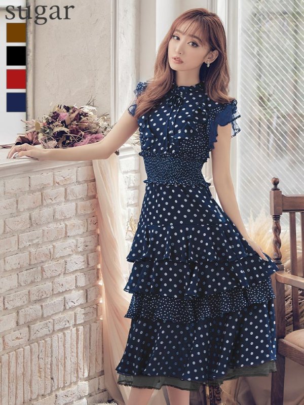 画像10: 【ERUKEI エルケイ】ドット/ 膝丈/ ワンピース/マキシ/フリルデザイン/ キャバドレス[OF2] (10)