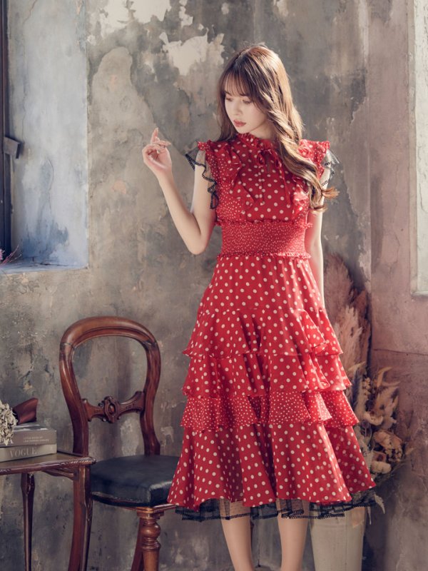画像3: 【ERUKEI エルケイ】ドット/ 膝丈/ ワンピース/マキシ/フリルデザイン/ キャバドレス[OF2] (3)