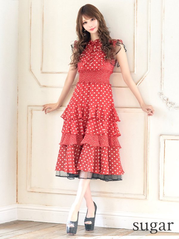 画像2: 【ERUKEI エルケイ】ドット/ 膝丈/ ワンピース/マキシ/フリルデザイン/ キャバドレス[OF2] (2)