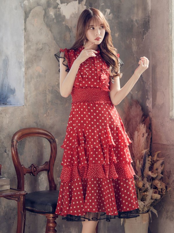 画像4: 【ERUKEI エルケイ】ドット/ 膝丈/ ワンピース/マキシ/フリルデザイン/ キャバドレス[OF2] (4)