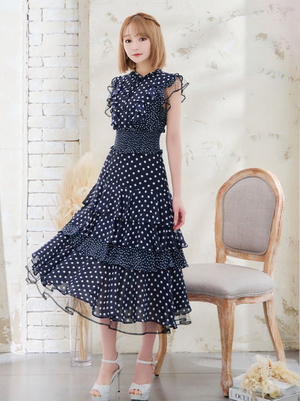 画像20: 【ERUKEI エルケイ】ドット/ 膝丈/ ワンピース/マキシ/フリルデザイン/ キャバドレス[OF2] (20)