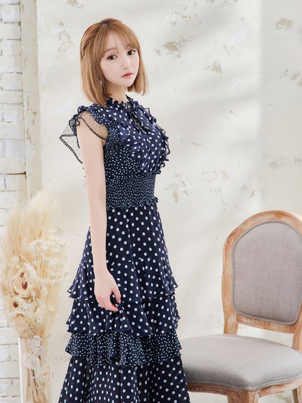 画像24: 【ERUKEI エルケイ】ドット/ 膝丈/ ワンピース/マキシ/フリルデザイン/ キャバドレス[OF2] (24)
