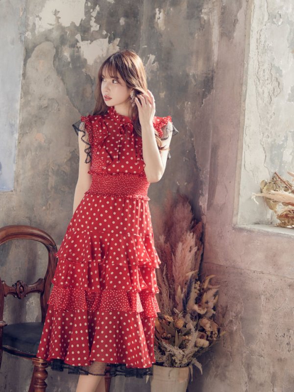 画像6: 【ERUKEI エルケイ】ドット/ 膝丈/ ワンピース/マキシ/フリルデザイン/ キャバドレス[OF2] (6)