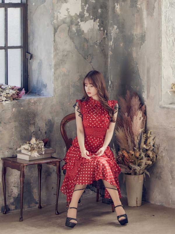 画像7: 【ERUKEI エルケイ】ドット/ 膝丈/ ワンピース/マキシ/フリルデザイン/ キャバドレス[OF2] (7)