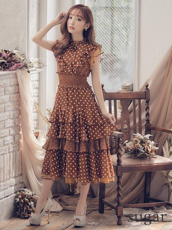 画像34: 【ERUKEI エルケイ】ドット/ 膝丈/ ワンピース/マキシ/フリルデザイン/ キャバドレス[OF2] (34)