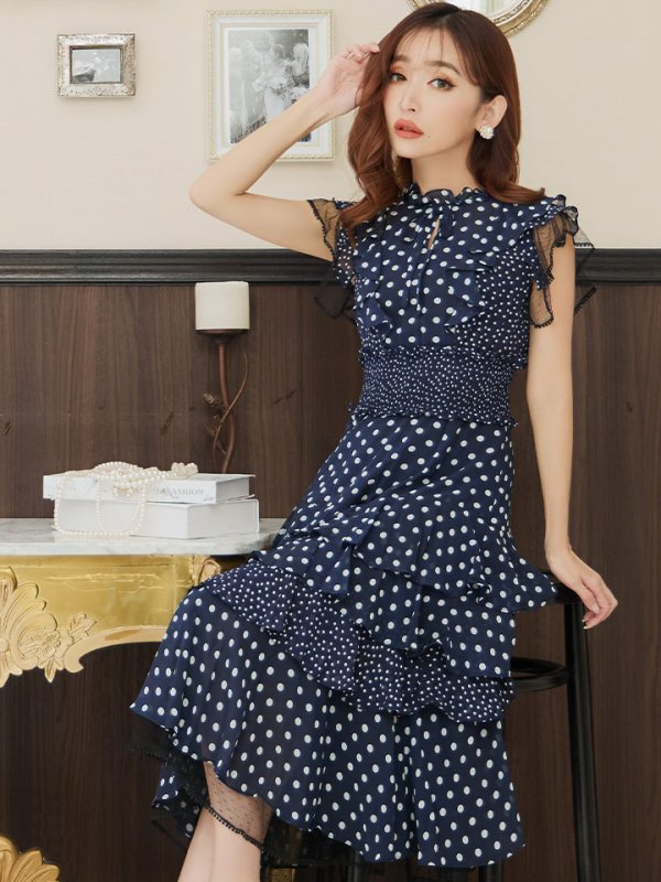 画像12: 【ERUKEI エルケイ】ドット/ 膝丈/ ワンピース/マキシ/フリルデザイン/ キャバドレス[OF2] (12)