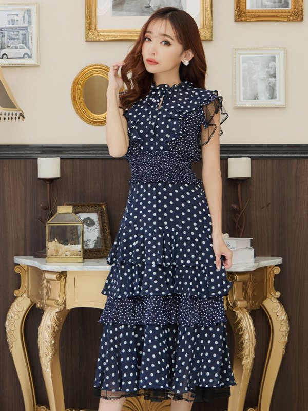 画像13: 【ERUKEI エルケイ】ドット/ 膝丈/ ワンピース/マキシ/フリルデザイン/ キャバドレス[OF2] (13)