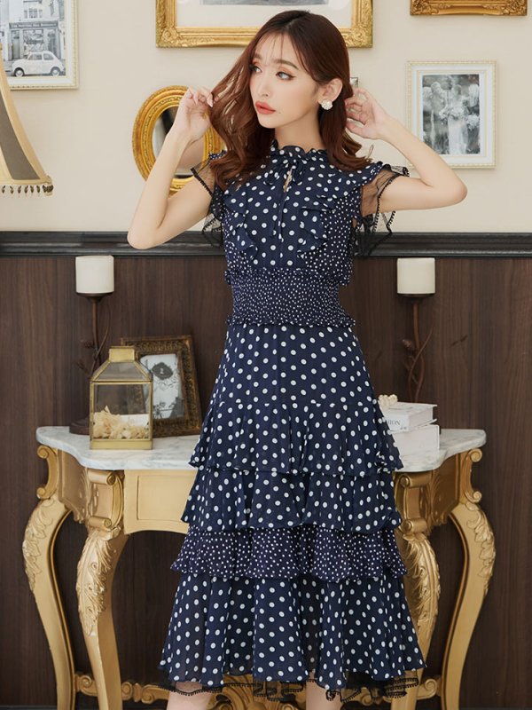 画像14: 【ERUKEI エルケイ】ドット/ 膝丈/ ワンピース/マキシ/フリルデザイン/ キャバドレス[OF2] (14)