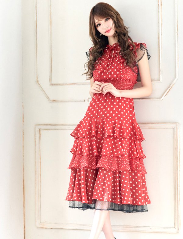 画像3: 【ERUKEI エルケイ】ドット/ 膝丈/ ワンピース/マキシ/フリルデザイン/ キャバドレス[OF2] (3)