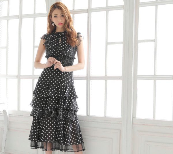 画像2: 【ERUKEI エルケイ】ドット/ 膝丈/ / ワンピース/マキシ/フリルデザイン/ キャバドレス[OF2] (2)