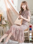 XS-Lサイズあり【SETTAN/セッタン】フラワーレース/ リボンネック/ フリル/ マキシ丈/ワンピース/ミニドレス/ キャバドレス[OF2]　ブラウン