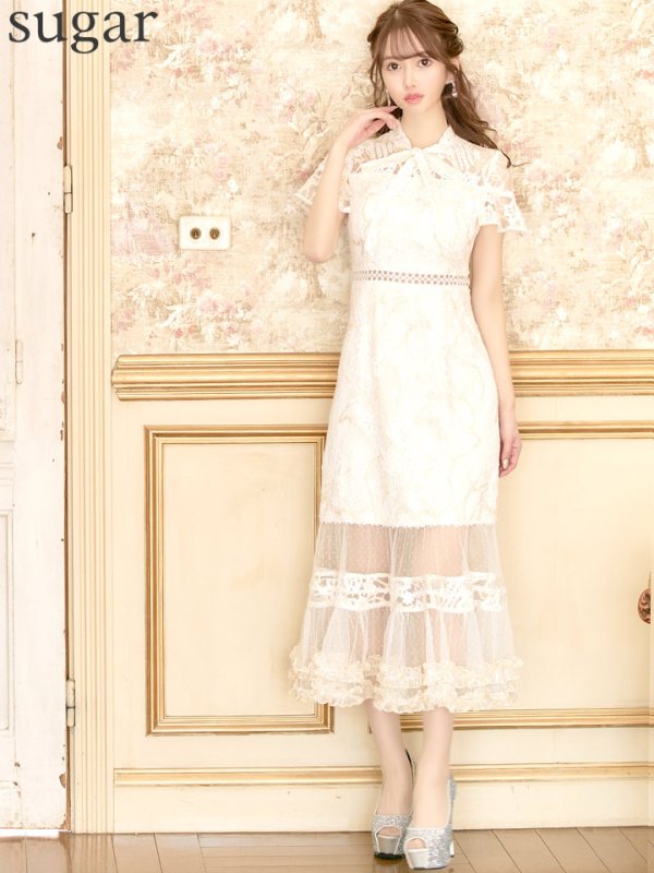 画像30: XS-Lサイズあり【SETTAN/セッタン】フラワーレース/ リボンネック/ フリル/ マキシ丈/ワンピース/ミニドレス/ キャバドレス[OF2] (30)