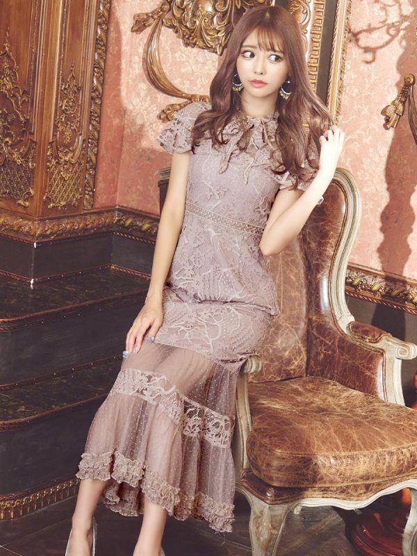 画像4: XS-Lサイズあり【SETTAN/セッタン】フラワーレース/ リボンネック/ フリル/ マキシ丈/ワンピース/ミニドレス/ キャバドレス[OF2] (4)