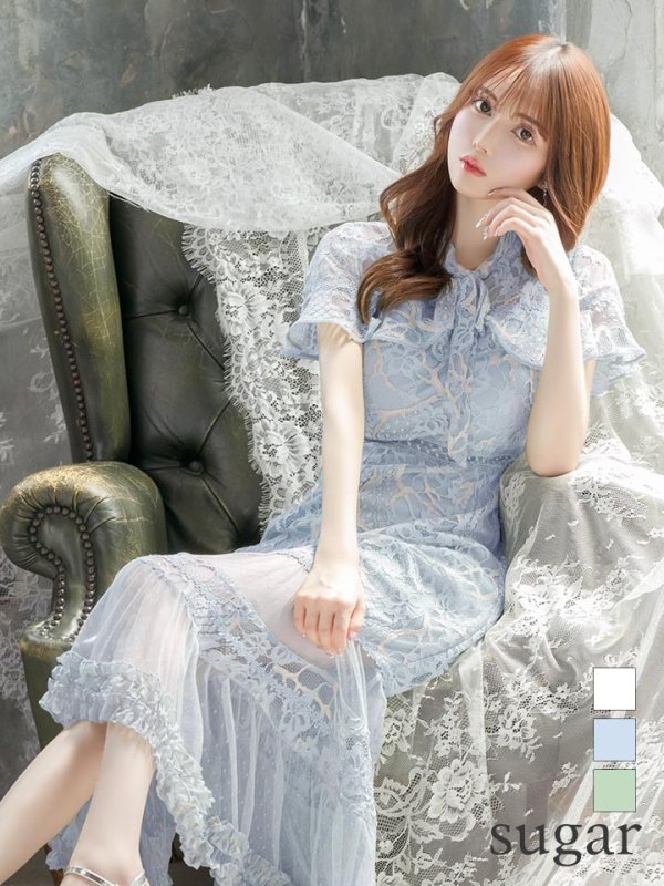 XS-Lサイズあり【SETTAN/セッタン】フラワーレース/ リボンネック/ フリル/ マキシ丈/ワンピース/ミニドレス/ キャバドレス[OF2]　ブルー