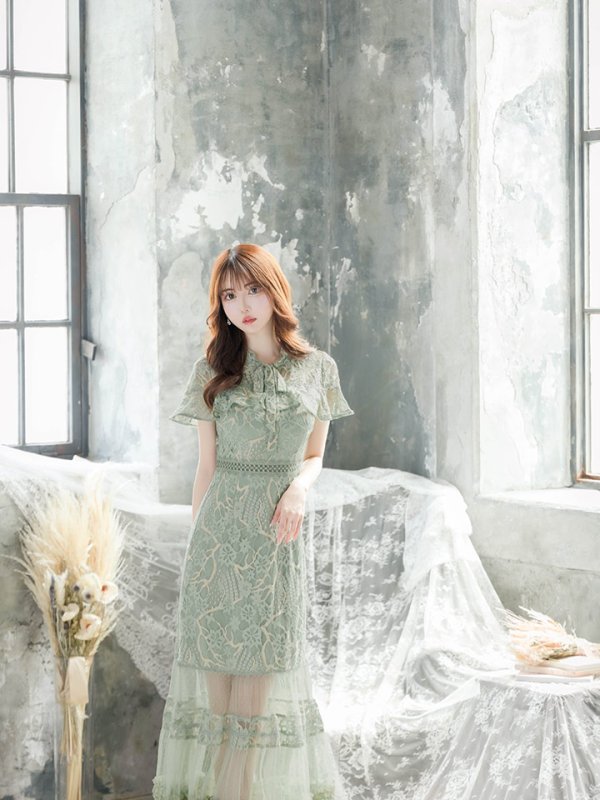 画像4: XS-Lサイズあり【SETTAN/セッタン】フラワーレース/ リボンネック/ フリル/ マキシ丈/ワンピース/ミニドレス/ キャバドレス[OF2] (4)