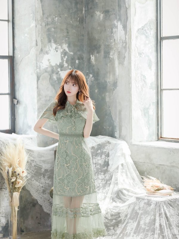 画像6: XS-Lサイズあり【SETTAN/セッタン】フラワーレース/ リボンネック/ フリル/ マキシ丈/ワンピース/ミニドレス/ キャバドレス[OF2] (6)