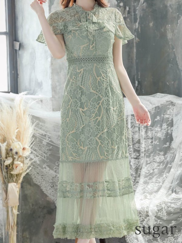 画像10: XS-Lサイズあり【SETTAN/セッタン】フラワーレース/ リボンネック/ フリル/ マキシ丈/ワンピース/ミニドレス/ キャバドレス[OF2] (10)