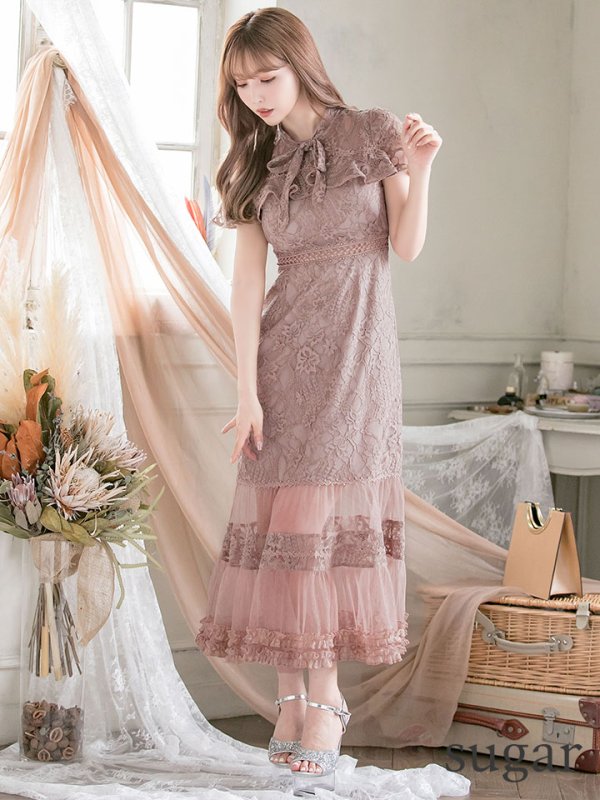 画像18: XS-Lサイズあり【SETTAN/セッタン】フラワーレース/ リボンネック/ フリル/ マキシ丈/ワンピース/ミニドレス/ キャバドレス[OF2] (18)