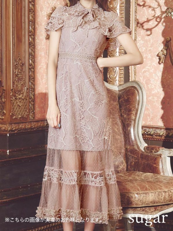 画像8: XS-Lサイズあり【SETTAN/セッタン】フラワーレース/ リボンネック/ フリル/ マキシ丈/ワンピース/ミニドレス/ キャバドレス[OF2] (8)