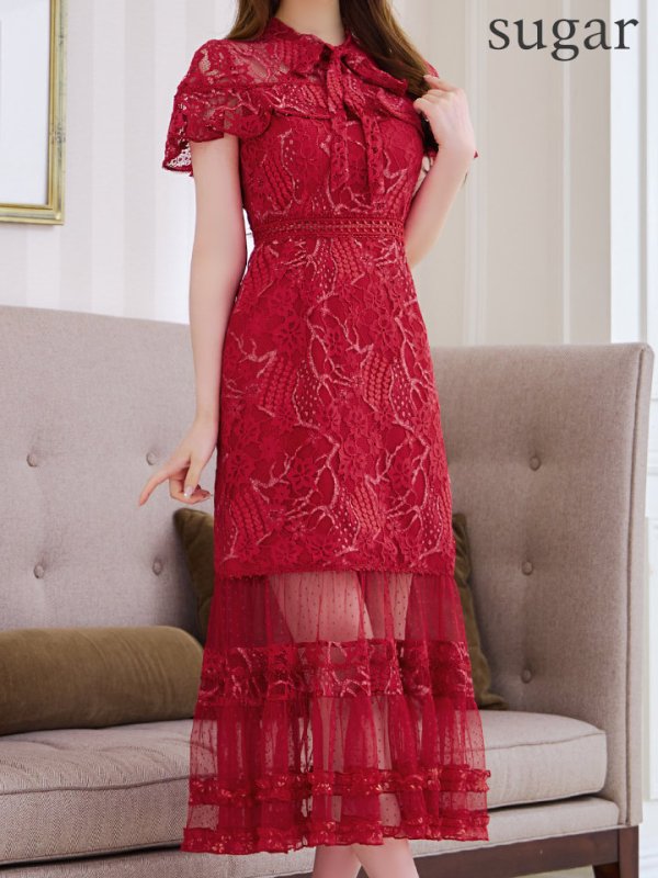 XS-Lサイズあり【SETTAN/セッタン】フラワーレース/ リボンネック/ フリル/ マキシ丈/ワンピース/ミニドレス/ キャバドレス[OF2]　ワインレッド