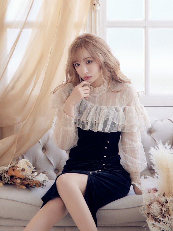 画像6: XS-Lサイズあり【SETTAN/セッタン】レース/ ドット柄/ ロングスリーブ/ 長袖/ 袖あり/ 膝丈スカート/ ミディアム丈/ ワンピース/ キャバドレス[OF2] (6)