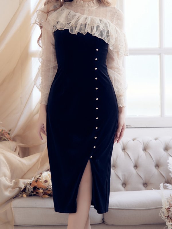 画像8: XS-Lサイズあり【SETTAN/セッタン】レース/ ドット柄/ ロングスリーブ/ 長袖/ 袖あり/ 膝丈スカート/ ミディアム丈/ ワンピース/ キャバドレス[OF2] (8)