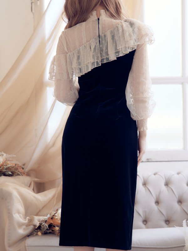 画像9: XS-Lサイズあり【SETTAN/セッタン】レース/ ドット柄/ ロングスリーブ/ 長袖/ 袖あり/ 膝丈スカート/ ミディアム丈/ ワンピース/ キャバドレス[OF2] (9)