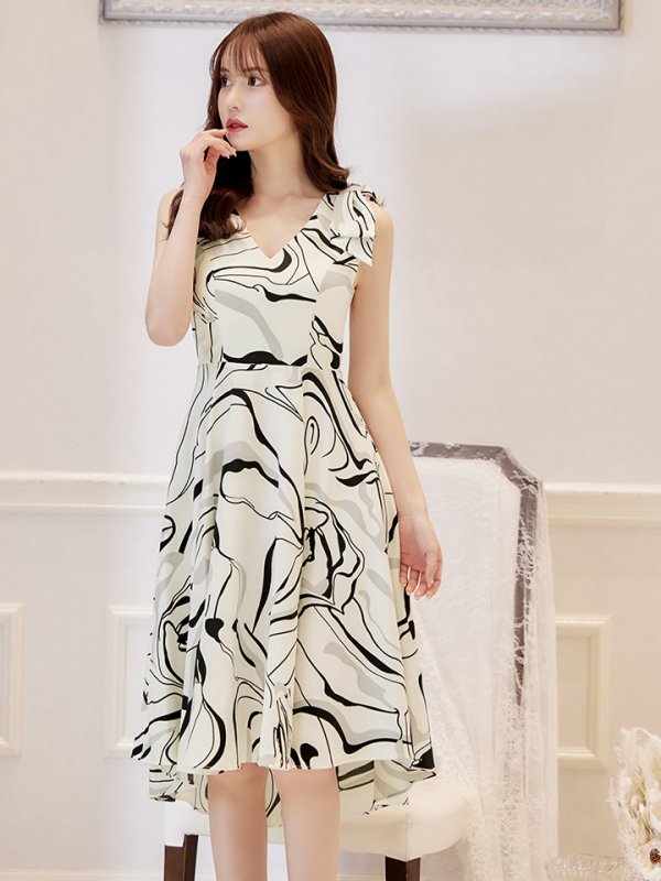 画像13: XS-Lサイズあり 【GINZA COUTURE/銀座クチュール】ニュアンス柄/ ペイント柄/ 肩リボン/ ノースリーブ/ 膝丈/ ミディアム丈/ フレア/ ワンピース/ キャバドレス[OF2] (13)