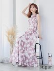 XS-Lサイズあり【GINZA COUTURE/銀座クチュール】フラワープリント/ ボートネック/ ノースリーブ/ Aライン/ ロングドレス/ キャバドレスlong　ピンク