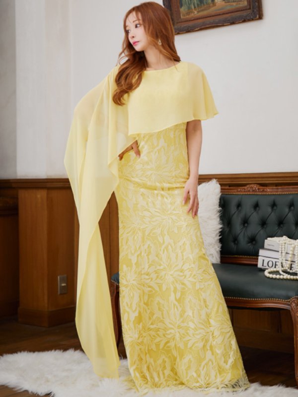 画像13: XS-Lサイズあり【SETTAN/セッタン】マーメイド/ ワンカラー/ レース/ ケープ風/ ロングスリープ/ ロングドレス / キャバドレス long[OF2] (13)