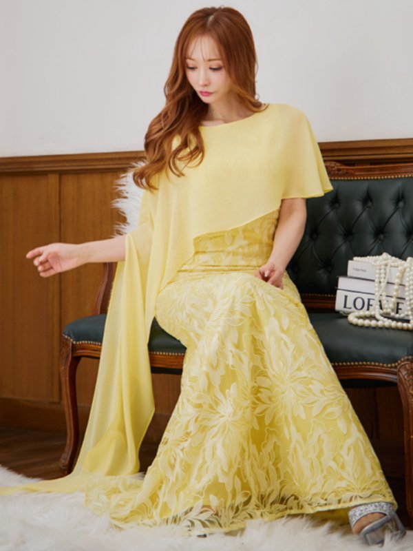 画像15: XS-Lサイズあり【SETTAN/セッタン】マーメイド/ ワンカラー/ レース/ ケープ風/ ロングスリープ/ ロングドレス / キャバドレス long[OF2] (15)