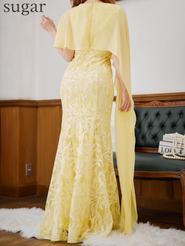 画像19: XS-Lサイズあり【SETTAN/セッタン】マーメイド/ ワンカラー/ レース/ ケープ風/ ロングスリープ/ ロングドレス / キャバドレス long[OF2] (19)