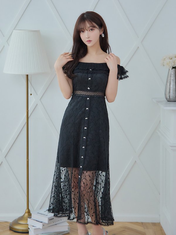 画像2: 【SETTAN/セッタン】オフショル/フラワーレース/ リボン/ フリル/ マキシ丈/ワンピース/足透け/ キャバドレス[OF2] (2)