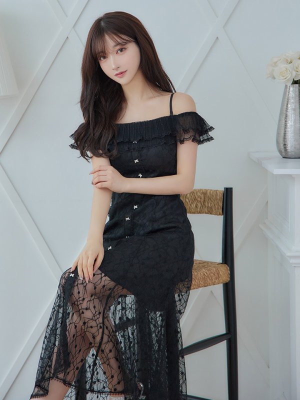 画像3: 【SETTAN/セッタン】オフショル/フラワーレース/ リボン/ フリル/ マキシ丈/ワンピース/足透け/ キャバドレス[OF2] (3)