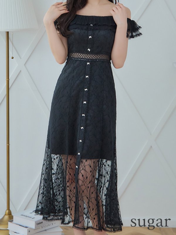 画像8: 【SETTAN/セッタン】オフショル/フラワーレース/ リボン/ フリル/ マキシ丈/ワンピース/足透け/ キャバドレス[OF2] (8)