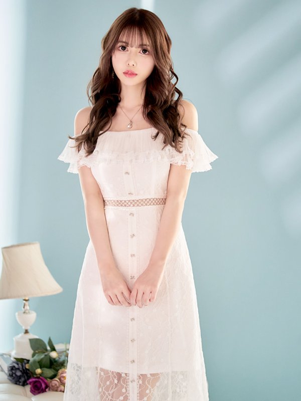 画像14: 【SETTAN/セッタン】オフショル/フラワーレース/ リボン/ フリル/ マキシ丈/ワンピース/足透け/ キャバドレス[OF2] (14)