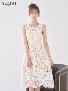 【SETTAN/セッタン】フラワーレース/ 総レース/ ノースリーブ/ ハイウエスト/ Aライン/ フレア/ ワンピース/ ミディアムドレス/ キャバドレス
