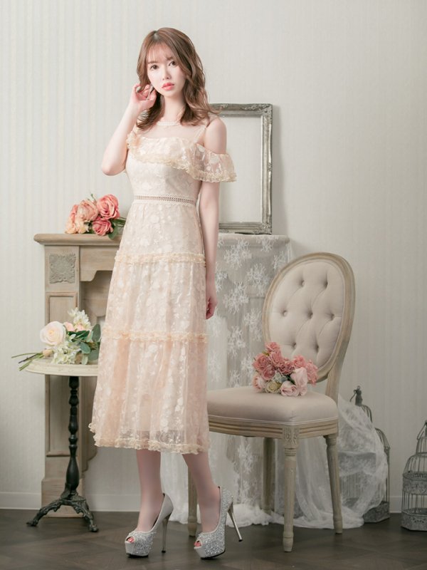 画像2: XS-Lサイズあり【SETTAN/セッタン】フラワーレース/ フリル/ オフショル/ ミモレ丈/ワンピース/ミニドレス/ キャバドレス[OF2] (2)