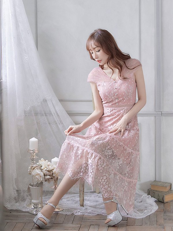 画像2: XS-Lサイズあり【SETTAN/セッタン】フラワーレース/ ドットチュール/ Aライン/ ミモレ丈/ ワンピース/ ミニドレス/ キャバドレス[OF2] (2)