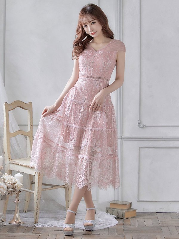 画像4: XS-Lサイズあり【SETTAN/セッタン】フラワーレース/ ドットチュール/ Aライン/ ミモレ丈/ ワンピース/ ミニドレス/ キャバドレス[OF2] (4)