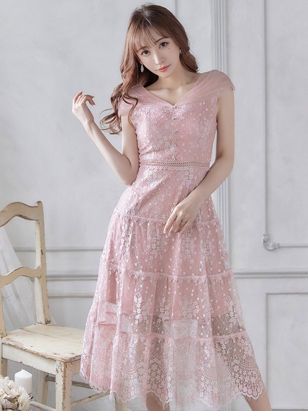 画像6: XS-Lサイズあり【SETTAN/セッタン】フラワーレース/ ドットチュール/ Aライン/ ミモレ丈/ ワンピース/ ミニドレス/ キャバドレス[OF2] (6)