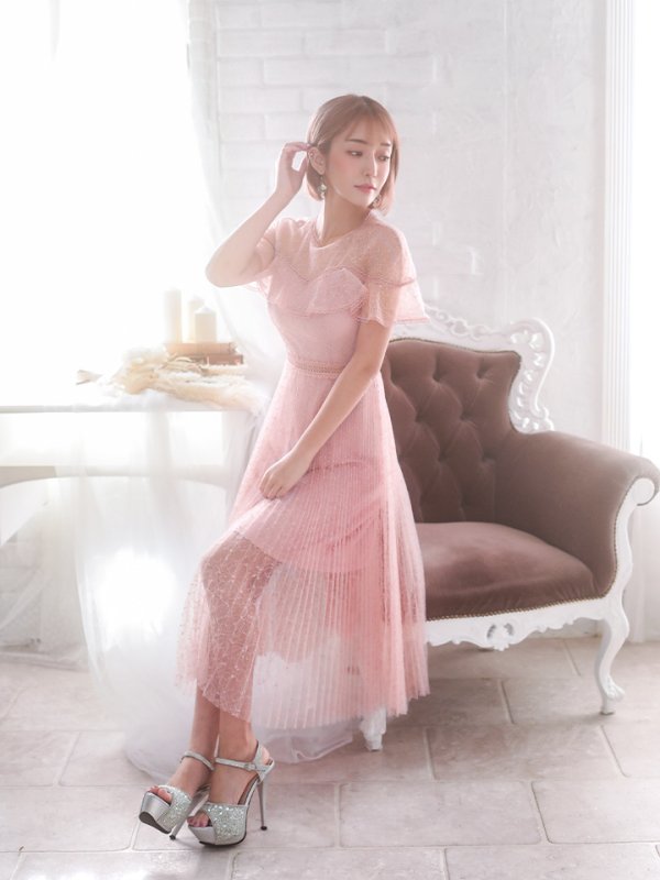 画像2: 【SETTAN/セッタン】総レース/ ショートスリーブ/ プリーツ/ ミモレ丈/ ワンピース/ ミニドレス/ キャバドレス[OF2] (2)