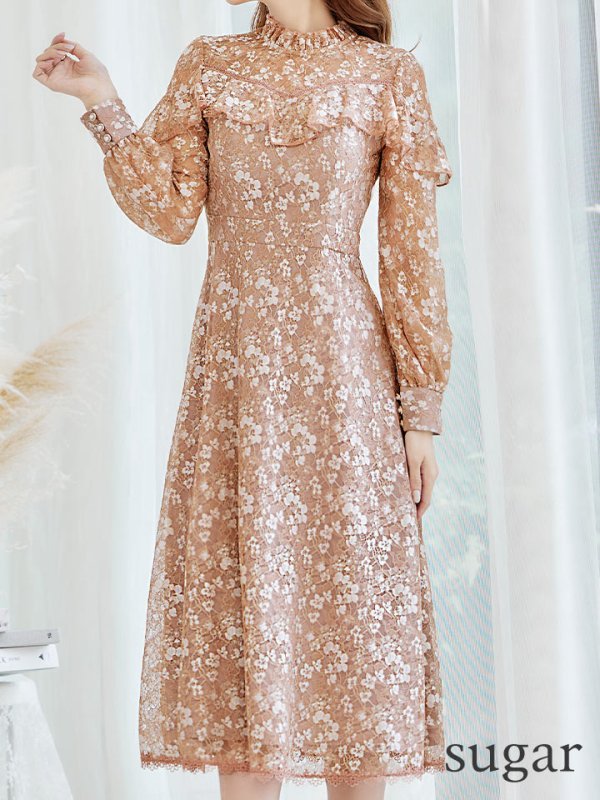 画像8: XS-Lサイズあり【SETTAN/セッタン】総レース/ ハイネック/ 長袖/ 袖あり/ Aライン/ ミディアム丈/ ワンピース/キャバドレス[OF2] (8)