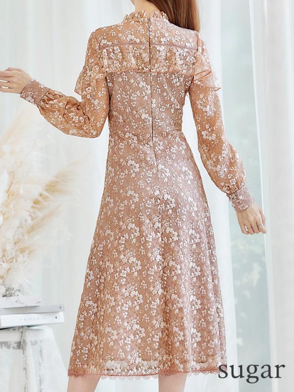 画像9: XS-Lサイズあり【SETTAN/セッタン】総レース/ ハイネック/ 長袖/ 袖あり/ Aライン/ ミディアム丈/ ワンピース/キャバドレス[OF2] (9)