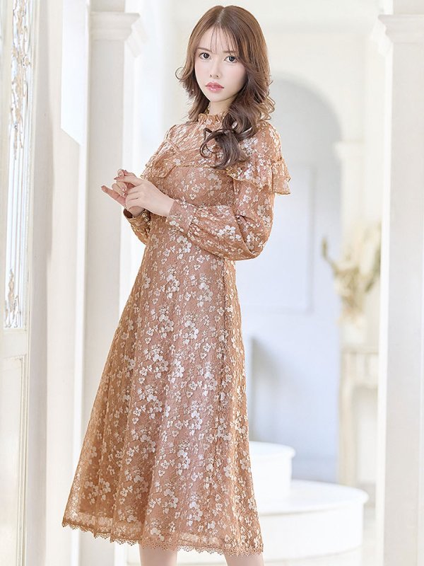 画像15: XS-Lサイズあり【SETTAN/セッタン】総レース/ ハイネック/ 長袖/ 袖あり/ Aライン/ ミディアム丈/ ワンピース/キャバドレス[OF2] (15)