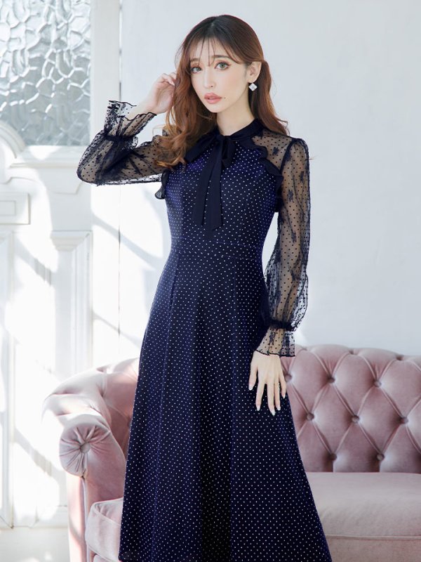 画像2: XS-Lサイズあり【SETTAN/セッタン】ベロア/ レース/ ドット/ リボン/ 長袖/ 袖あり/ Aライン/ ミディアム丈/ ワンピース/ キャバドレス[OF2] (2)