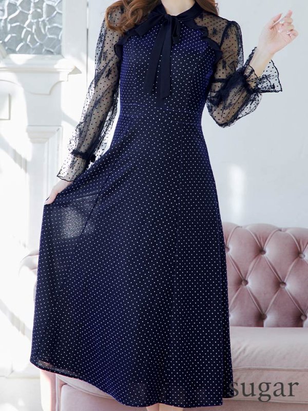 画像8: XS-Lサイズあり【SETTAN/セッタン】ベロア/ レース/ ドット/ リボン/ 長袖/ 袖あり/ Aライン/ ミディアム丈/ ワンピース/ キャバドレス[OF2] (8)