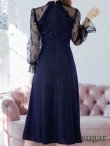 画像9: XS-Lサイズあり【SETTAN/セッタン】ベロア/ レース/ ドット/ リボン/ 長袖/ 袖あり/ Aライン/ ミディアム丈/ ワンピース/ キャバドレス[OF2] (9)