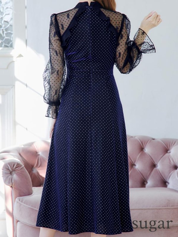 画像9: XS-Lサイズあり【SETTAN/セッタン】ベロア/ レース/ ドット/ リボン/ 長袖/ 袖あり/ Aライン/ ミディアム丈/ ワンピース/ キャバドレス[OF2] (9)