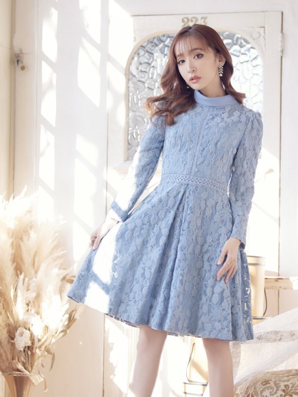 画像2: 【SETTAN/セッタン】総レース/ 長袖/ 袖あり/ ハイネック/ Aライン/ ひざ丈/ ミディアム/ ワンピース/ ミニドレス/ キャバドレス[OF2] (2)